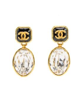 💎 ChaneI Fall Winter 2020 Black Logo Crystal Drop Gold Tone Earrings